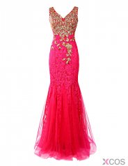 Gorgeous Mermaid V-neck Lace Long Fuchsia Prom/Evening Dress With Embroidery