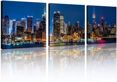 Sunsfun 3 Panels New York Home Decor Beautiful New York City Skyline New York Night Light Prints On Canvas New York Decor for Home Cityscape Picture New York Decor for Home Decor, 3pcs/Set