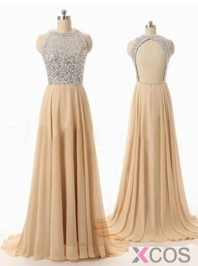 Simple Dress Sparkle Scoop A-line Open-back Long Chiffon Prom /Evening Dress