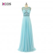 Elegant Crystal Beaded Chiffon Prom Dresses 2018 Light Sky Blue Pleats Formal Evening Party Gowns Plus Size Custom Made