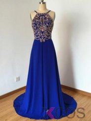 Elegant Crew Chiffon Beading Bckless Royal Blue Long Prom Dress Evening Gowns