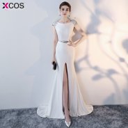 Sexy White Slit Front Beaded Crystal Long Evening Dresses with Belt 2018 Scoop Formal Long Evening Gowns Mermaid Prom Dress