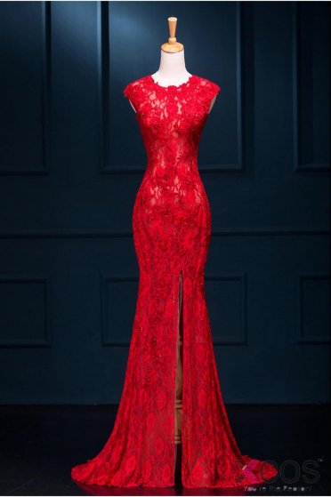 Long Sexy Red Lace See Through Split Mermaid Prom Evening Dresses ED0719