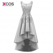 XCOS New Banquet Elegant Grey Satin Evening Dress High low Short Front Long Back Lace Appliques Formal Party Gown Custom