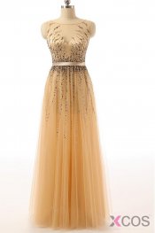 Beaded Gold Long Cap Sleeves Modest Prom Party Dresses ED0855