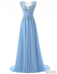 Fashion Scoop Appliques A-line Chiffon Light Blue Prom/Evening Dresses