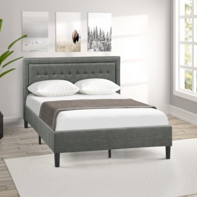 Vipride Button Tufted Platform Bed with Strong Wood Slat Support Queen Bed Frame Easy Assembly Mattress Foundation Gray