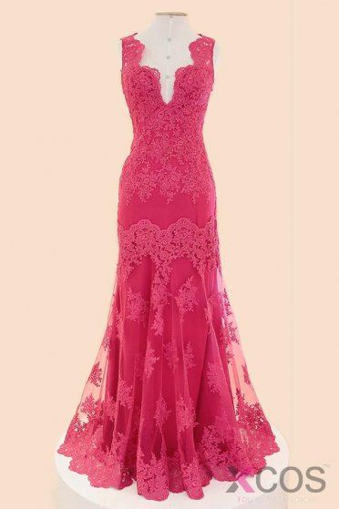 Deep V-neck Fuchsia Mermaid Long Lace Prom Dresses ED1032