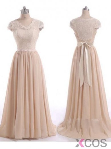 Gorgeous A-Line V-Neck Floor Length Cap Sleeves Pink Bridesmaid Dress with Ruched