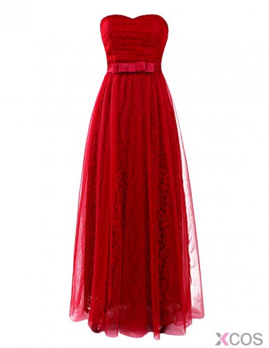 Sexy Sweetheart A-line Lace Red Long Bridesmaid Dress