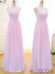 Simple A- Line V- Neck Floor Length Chiffon Bridesmaid Dress