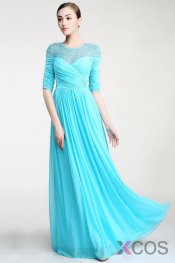 Real Nice Light Sky Blue Chiffon Half Sleeves Prom Dresses ED0841