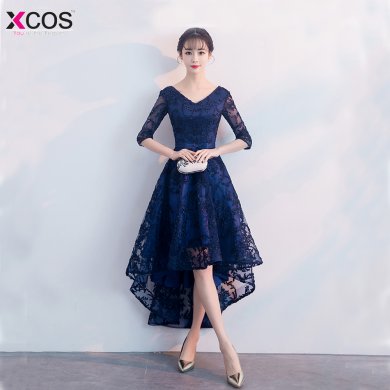 Lace V Neck Half Sleeves Navy Blue High Low Dress Prom Gown 2018 Party Dresses for Graduation Vestido Longo