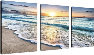 Sunsfun 3 Panel Beach Canvas Wall Art for Home Decor Blue Sea Sunset White Beach Painting The Picture Print On Canvas Seascape The Pictures for Home Decor Decoration,Ready to Hang