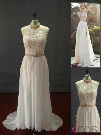 Simple-dress Sexy New Halter Lace Chiffon Prom Dresses Beaded Crystals Applique Floor Length Evening Gowns CHPD-70674