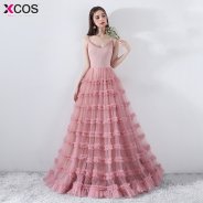 Dust Pink Long Evening Dresses Sexy V Neck Backless Cloud Flower Tulle Tiered Lace up Floor Length Prom Party Gowns