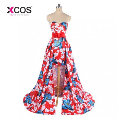 New Arrival Flower High Low Prom Dress Detachable Train Bow vestido de festa Red Evening Dresses Formal Gowns 2018