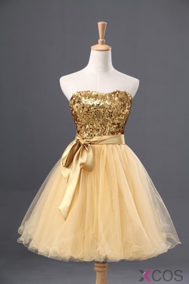 Simple-dress Classic Gold Sparkle Short Tulle 2015 Homecoming Dresses/Cocktail Dresses/Party Dresses TUHD-7662