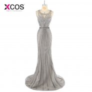 Real Photos Tulle Crystal Grey Color Party Occasion Formal Long Evening Dress African Prom Dresses Evening Gown 2018 SC275