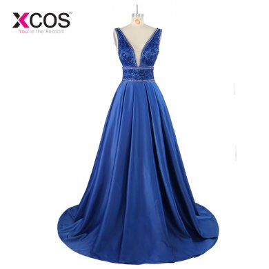 Deep V-Neck Beaded Prom Dresses 2017 Sexy Backless Navy Blue Satin Evening Party Gown Pageant Dress Floor Length