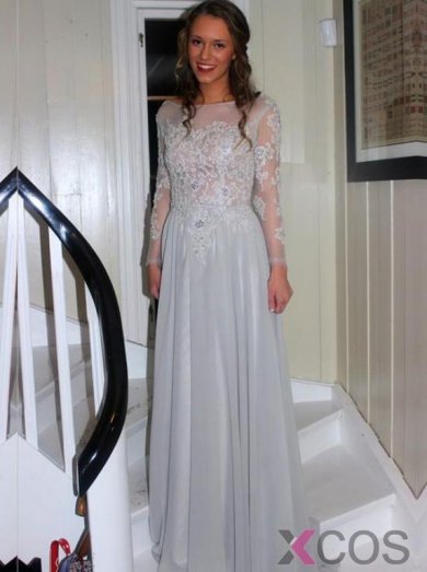 Elegant A-line Bateau Long Sleeves Grey Chiffon Prom Dress With Appliques