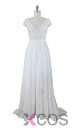 Simple Dress Gorgeous V-neck Capped Sparkle Long Chiffon White Wedding Dresses/Bridal Gown CHWD-7227