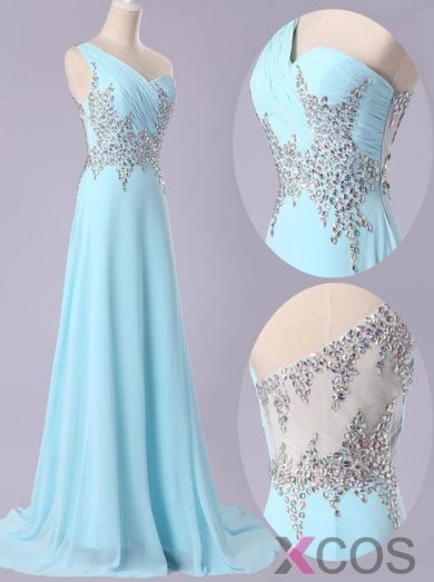 Simple Dress Hot-selling A-line Beading One-shoulder Illusion Back Light Sky Blue Long Chiffon Prom Dresses/Evening Dresses CHPD-7008