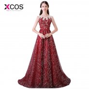 XCOS Sexy Glitter Champagne Burgundy Prom Dresses Elegant A Line Backless Cheap Long Dress for Evening Party Gown 2018