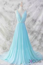 Ice Blue Simple Deep V-neck Beaded Open Back Prom Dresses OK22