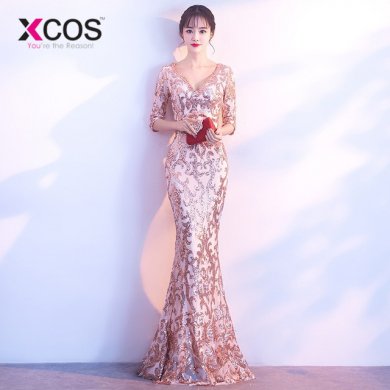 XCOS V-neck See-through Back Sequins Party Formal Dress Half Sleeve Beads Sexy Long Evening Dresses