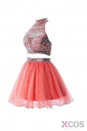 Watermelon Two Pieces Backless Short Prom Homecoming Dresses