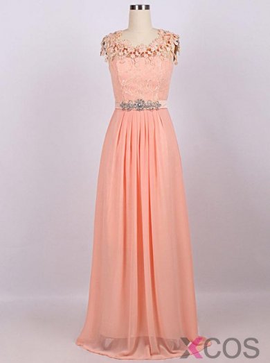 Simple Dress Elegant Scoop Handmade Flowers Long Chiffon Beading Prom Dresses/Evening Dresses CHPD-7034