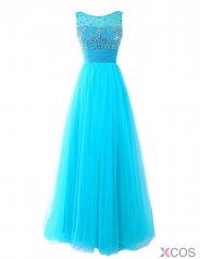 Fashion Scoop Beading A-line Long Prom Dress Formal Evening Gown With Sash