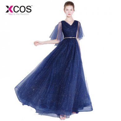 XCOS Prom Dresses Girls New Arrival V Neck Shourt Sleeves Tulle Navy Blue Imported Party Dress Long Evening Gown