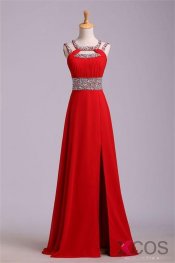 2016 Long Red Chiffon Beaded Backless High Low Prom Dresses OK 35