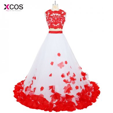 Abendkleider Two Pieces Red Lace Prom Ball Gown Petals Evening Dresses Robe de Soiree Formal Party Banquet Long Prom Dress