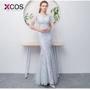 XCOS Elegant Grey Mermaid Evening Dresses Long Evening Gown robe de soiree longue 2018 Lace Prom Dress with Appliques Beads