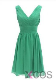 New Style V Neck Knee Length Pleats Chiffon Green Bridesmaid Dress