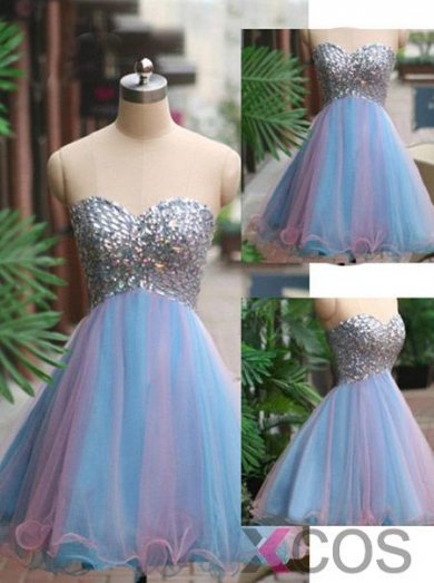 2015 Romantic A-line Sweetheart Knee-length Tulle Beading Homecoming Dress TUHD-7314