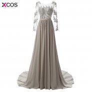 Real Photo Backless Grey Evening Dress Long Sleeve 2018 Floor-Length Beaded Crystal Appliques Party Dress Vestido de Festa