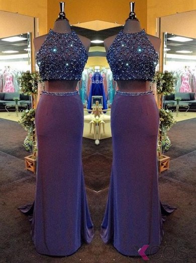 Two Piece Prom Dress/Evening Dress - Crew Neck Sheath Beading