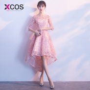 XCOS 2018 Pink Prom Dress Lace Half Sleeves High Low Prom Dresses vestido de noiva simples Evening Gowns Vestido Longo