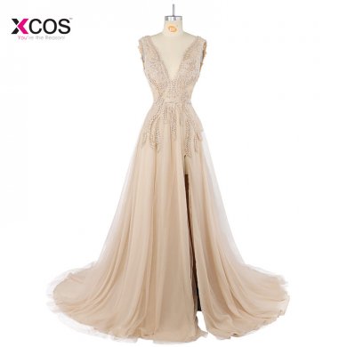 Sexy Side Split Prom Dresses 2018 Deep V Neck Backless Beads Crystal Party Gowns Sleeveless Court Train Cheap Tulle Party Dress