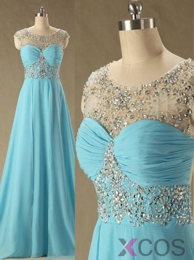 Simple Dress Luxurious Gems A-line Scoop Backless Long Chiffon Prom Dresses CHPD-7145