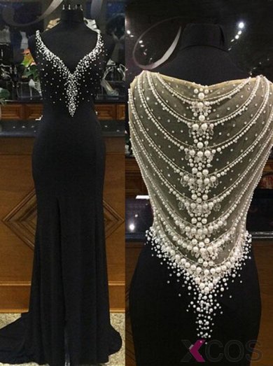 Luxurious Sweated Long Black Chiffon Beaded See Through Prom Dresses