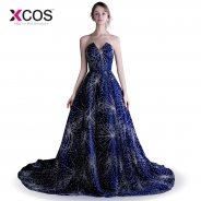 XCOS Bling Bling Navy Blue Prom Dresses Long 2018 Fashion Strapless Beaded Women Evening Dress Party gala jurken