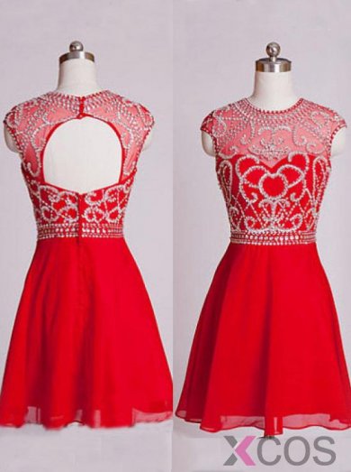 Simple-dress 2015 Red A-line High Neck Capped Sleeves Mini Chiffon Beading Homecoming Dress/Party Dress CHHD-81175