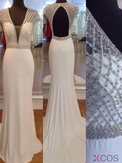 Elegant Mermaid Backless Prom Dress with Beaded-White Long V-Neck Prom dress