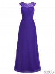 A-line Scoop Cap Sleeves Chiffon Long Backless Purple Prom/Evening Dress With Lace