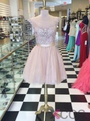 2015 Hot-selling A-line Knee-length Scoop Capped Tulle Appliques Homecoming Dress TUHD-7320